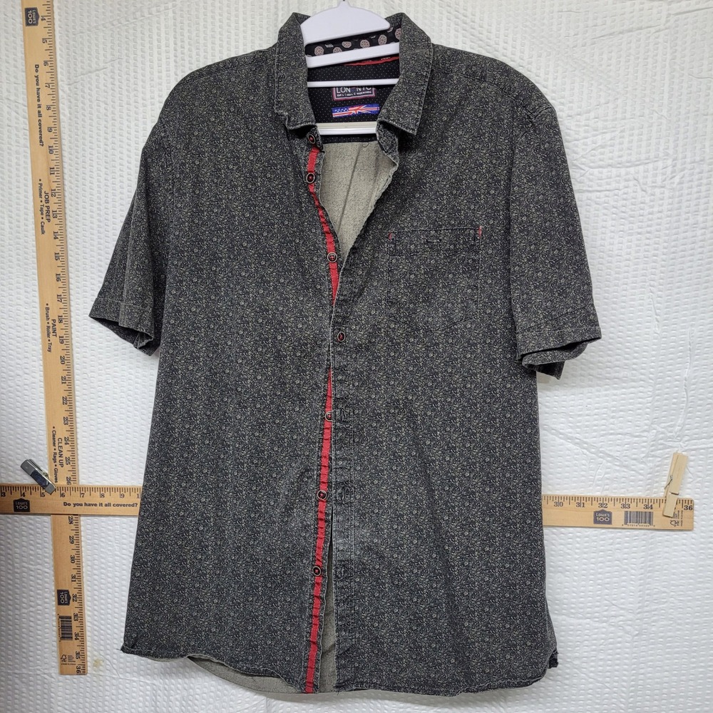 LON-NYC Mens Large Short Sleeve Button Down Shirt Black Floral Print Red Trim
